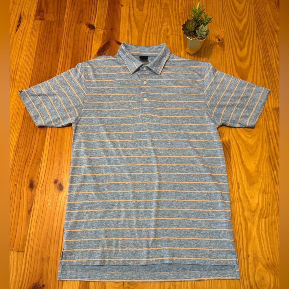 Dunning Golf Shirt Mens MED Blue/Peach Striped Polo Lightweight Short Sleeves